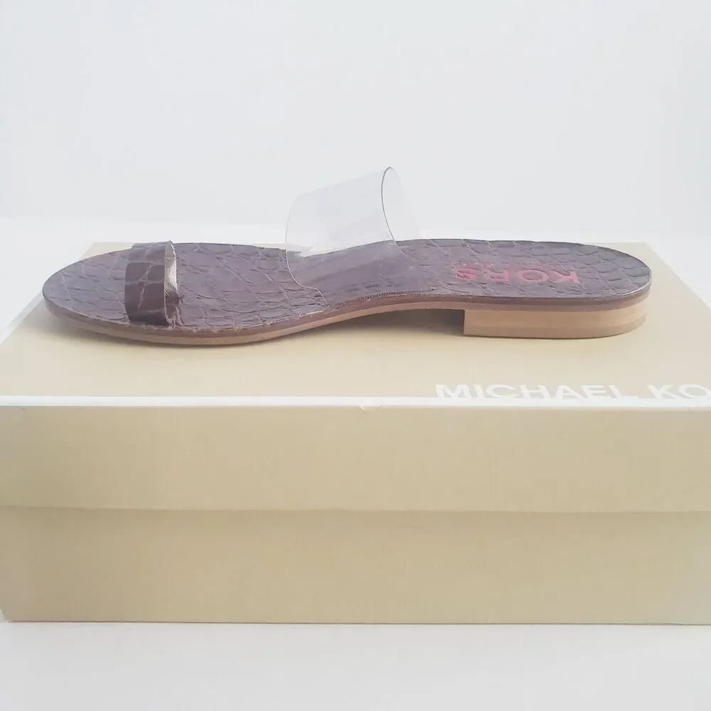 KORS Michael Kors Sandals Size 7M Clear Strap Toe Loop Croc Embossed Slides